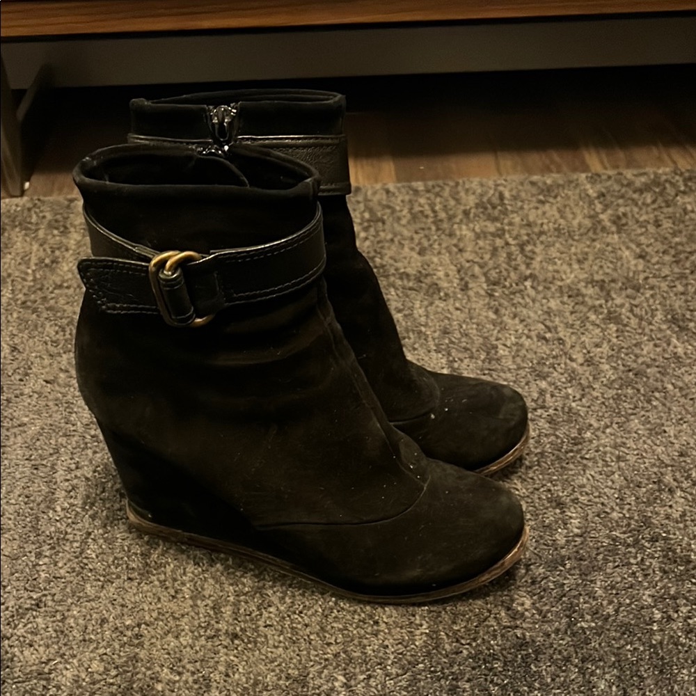 Chie Mihara Black Suede Ankle Booties with Wedge Heel